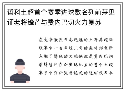 哲科土超首个赛季进球数名列前茅见证老将锋芒与费内巴切火力复苏 哲科土超首个赛季进球数名列前茅见证老将锋芒与费内巴切火力复苏